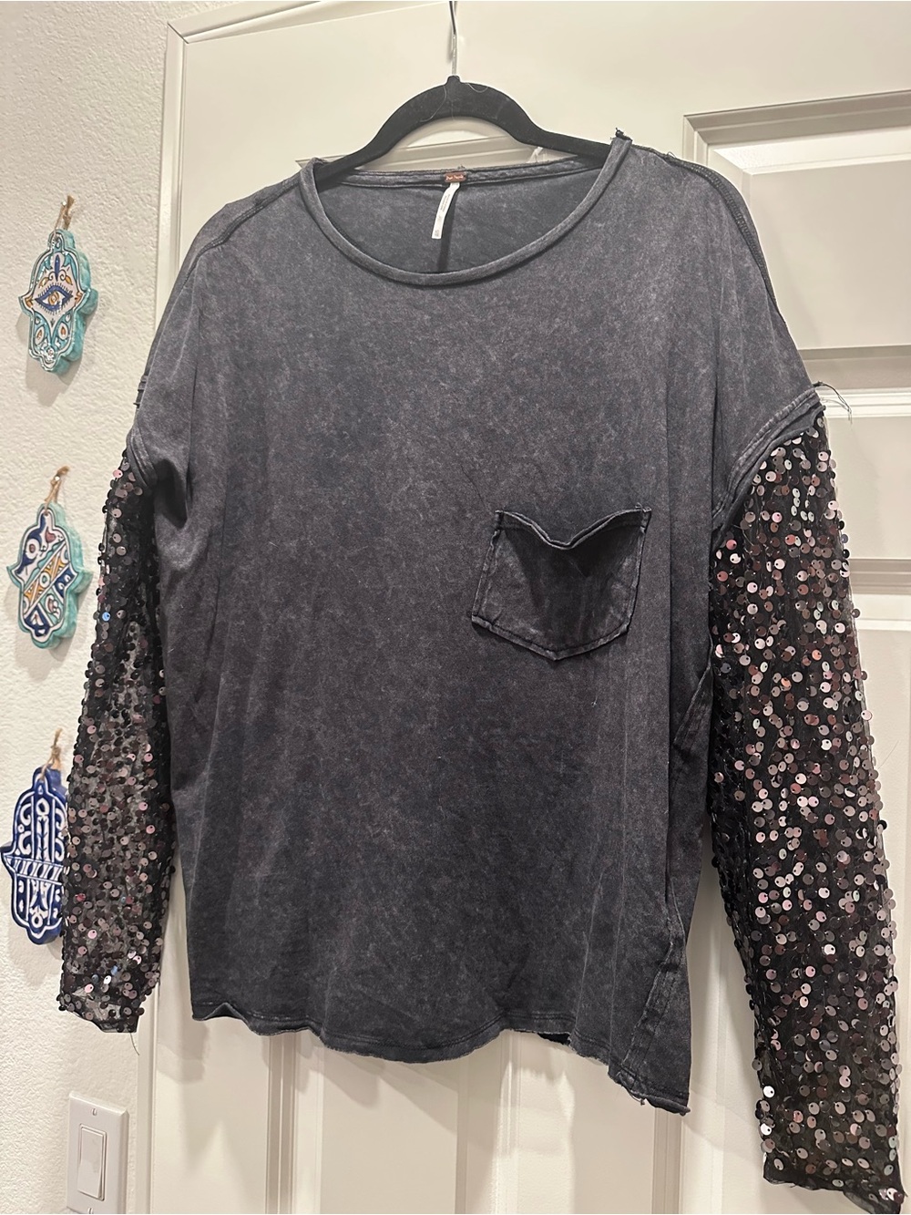 Free people Sequined Sleeve Mineral-Wash Black Women's Top